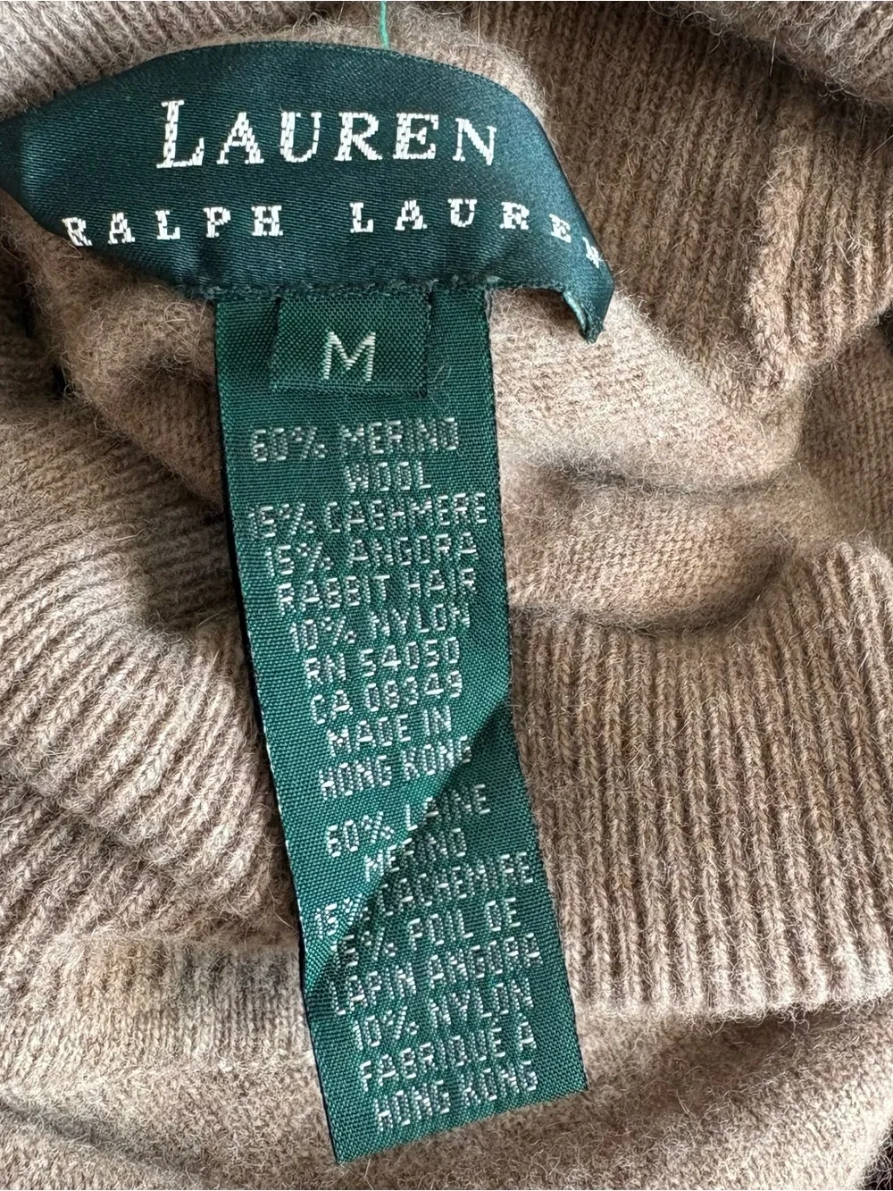 Lauren Ralph Lauren Merino Wool Cashmere Angora Camel Turtleneck Sweater M
